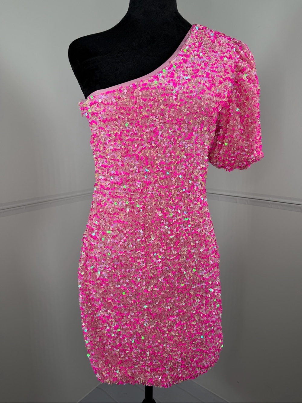 Lime Lush Hot Pink Sequin One Shoulder Mini Cocktail Dress Size Large